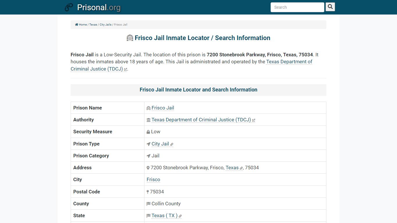 Frisco Jail-Inmate Locator/Search Info, Phone, Fax, Email ...
